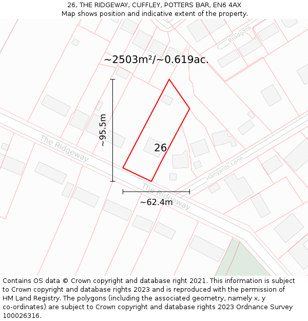26, THE RIDGEWAY, CUFFLEY, POTTERS BAR, EN6 4AX: Plot and title map