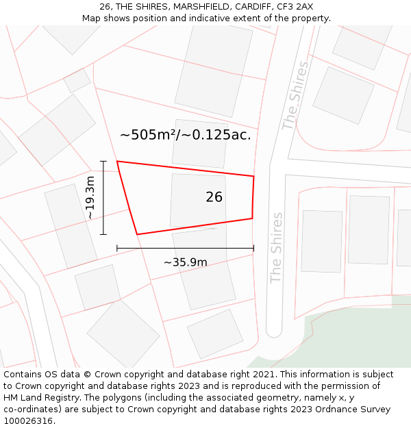 26, THE SHIRES, MARSHFIELD, CARDIFF, CF3 2AX: Plot and title map