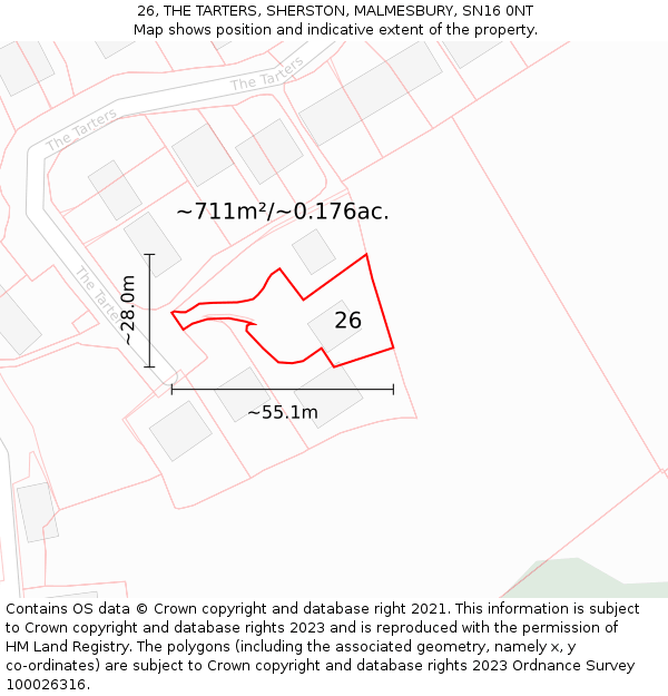 26, THE TARTERS, SHERSTON, MALMESBURY, SN16 0NT: Plot and title map
