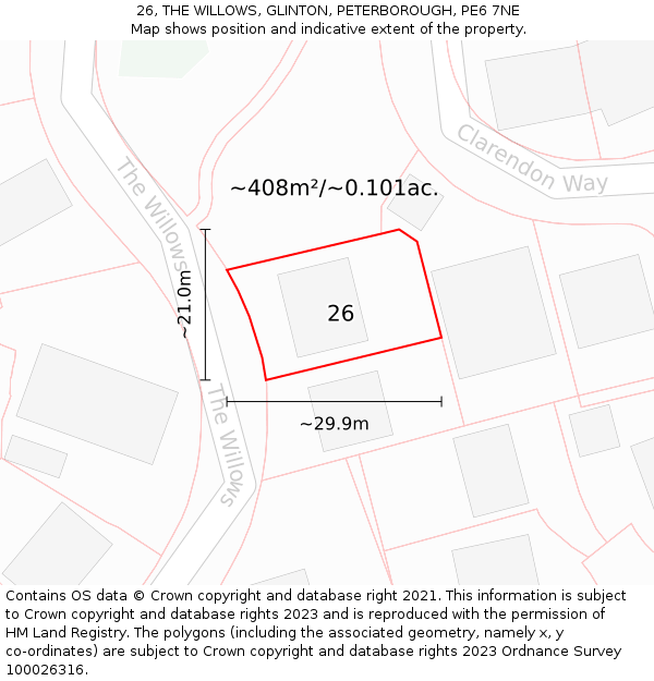 26, THE WILLOWS, GLINTON, PETERBOROUGH, PE6 7NE: Plot and title map