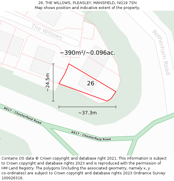 26, THE WILLOWS, PLEASLEY, MANSFIELD, NG19 7SN: Plot and title map
