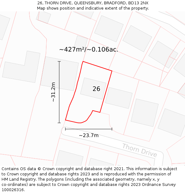 26, THORN DRIVE, QUEENSBURY, BRADFORD, BD13 2NX: Plot and title map