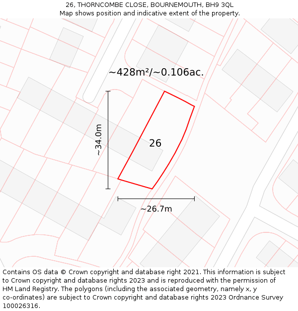 26, THORNCOMBE CLOSE, BOURNEMOUTH, BH9 3QL: Plot and title map