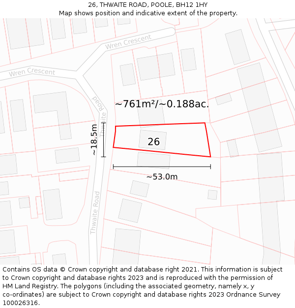 26, THWAITE ROAD, POOLE, BH12 1HY: Plot and title map