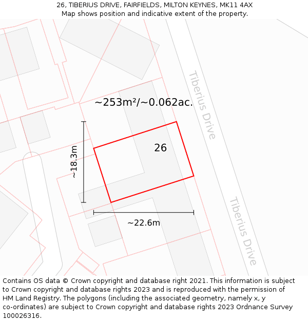 26, TIBERIUS DRIVE, FAIRFIELDS, MILTON KEYNES, MK11 4AX: Plot and title map