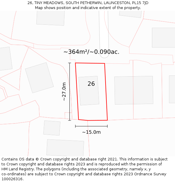 26, TINY MEADOWS, SOUTH PETHERWIN, LAUNCESTON, PL15 7JD: Plot and title map
