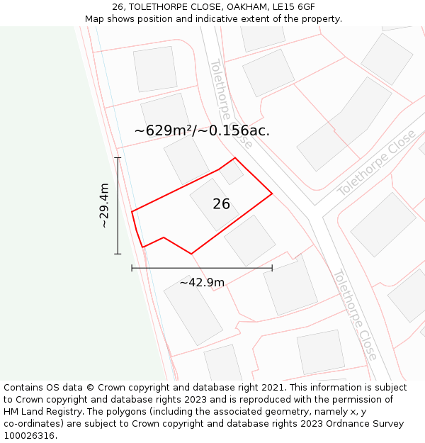 26, TOLETHORPE CLOSE, OAKHAM, LE15 6GF: Plot and title map