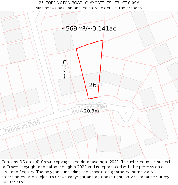 26, TORRINGTON ROAD, CLAYGATE, ESHER, KT10 0SA: Plot and title map
