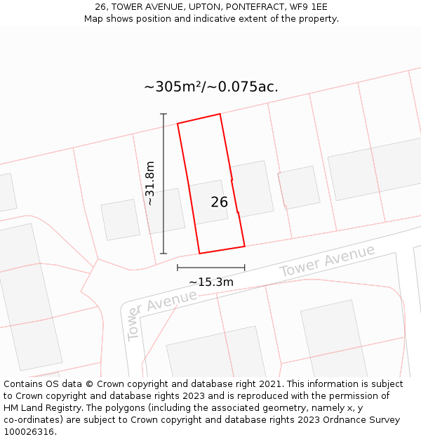 26, TOWER AVENUE, UPTON, PONTEFRACT, WF9 1EE: Plot and title map