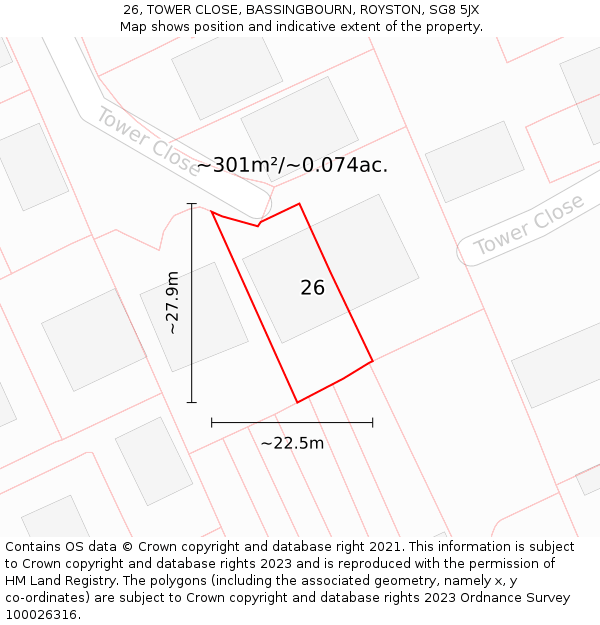 26, TOWER CLOSE, BASSINGBOURN, ROYSTON, SG8 5JX: Plot and title map