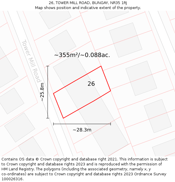 26, TOWER MILL ROAD, BUNGAY, NR35 1RJ: Plot and title map