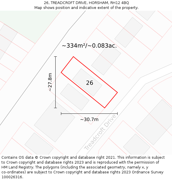 26, TREADCROFT DRIVE, HORSHAM, RH12 4BQ: Plot and title map