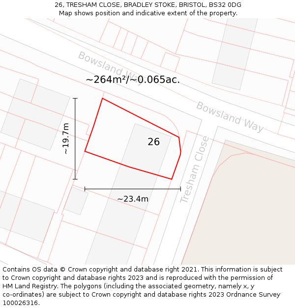 26, TRESHAM CLOSE, BRADLEY STOKE, BRISTOL, BS32 0DG: Plot and title map