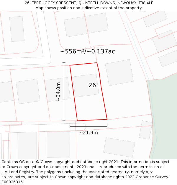 26, TRETHIGGEY CRESCENT, QUINTRELL DOWNS, NEWQUAY, TR8 4LF: Plot and title map