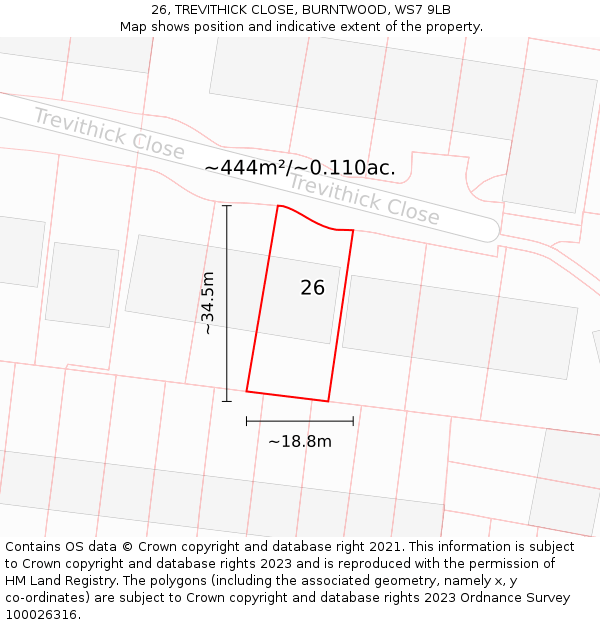 26, TREVITHICK CLOSE, BURNTWOOD, WS7 9LB: Plot and title map