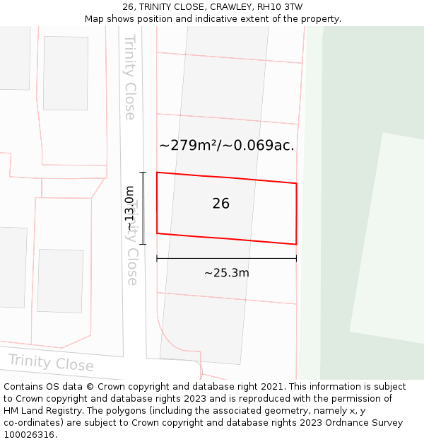 26, TRINITY CLOSE, CRAWLEY, RH10 3TW: Plot and title map