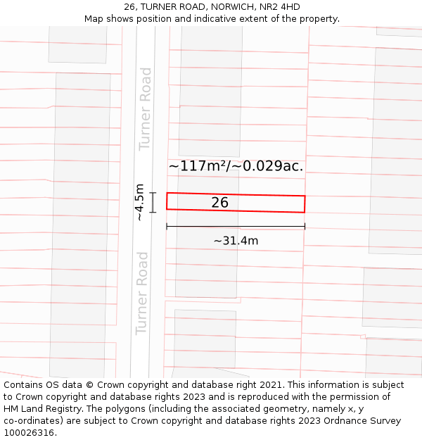 26, TURNER ROAD, NORWICH, NR2 4HD: Plot and title map