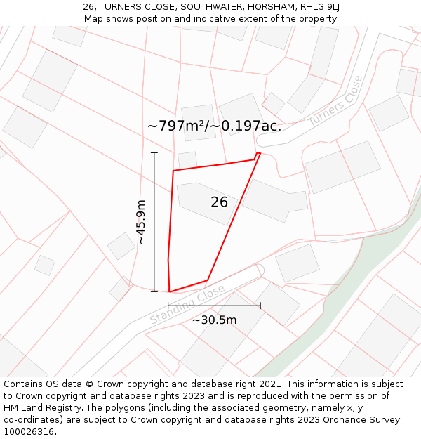 26, TURNERS CLOSE, SOUTHWATER, HORSHAM, RH13 9LJ: Plot and title map