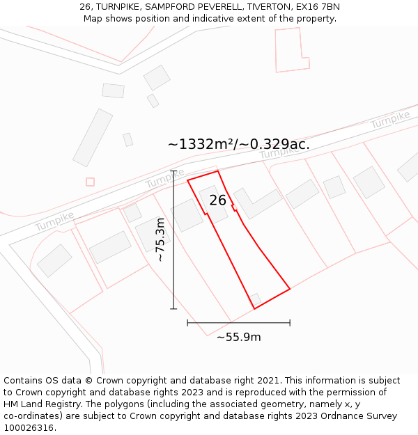26, TURNPIKE, SAMPFORD PEVERELL, TIVERTON, EX16 7BN: Plot and title map