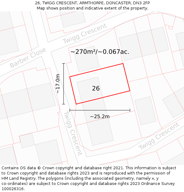 26, TWIGG CRESCENT, ARMTHORPE, DONCASTER, DN3 2FP: Plot and title map