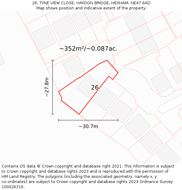 26, TYNE VIEW CLOSE, HAYDON BRIDGE, HEXHAM, NE47 6AD: Plot and title map