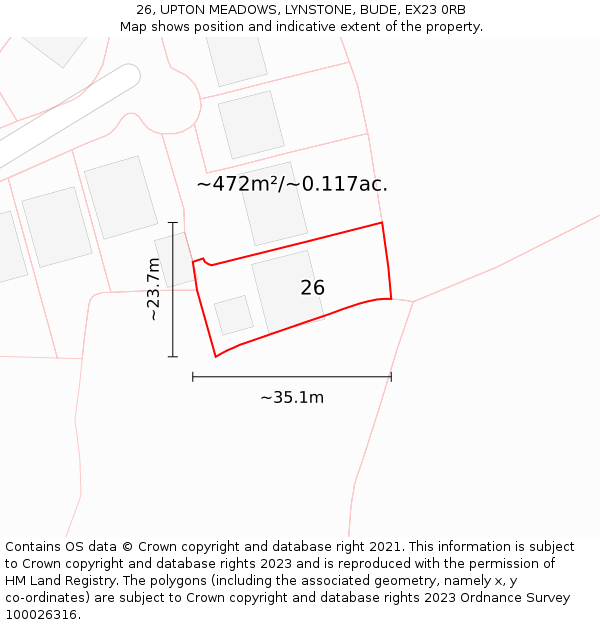 26, UPTON MEADOWS, LYNSTONE, BUDE, EX23 0RB: Plot and title map