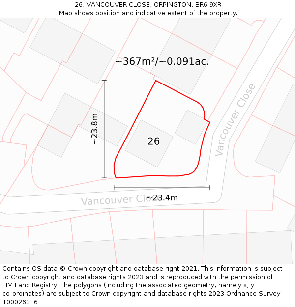 26, VANCOUVER CLOSE, ORPINGTON, BR6 9XR: Plot and title map