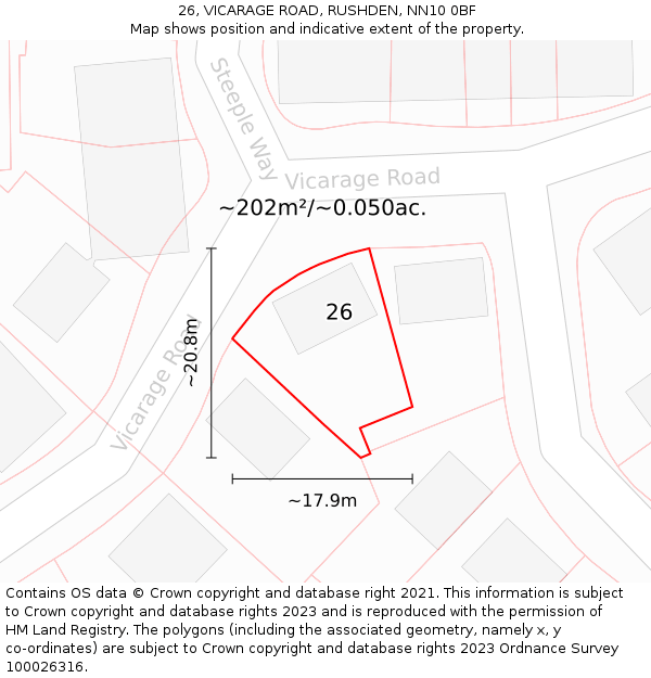 26, VICARAGE ROAD, RUSHDEN, NN10 0BF: Plot and title map