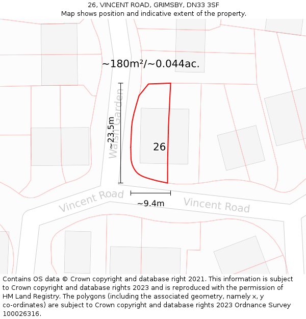 26, VINCENT ROAD, GRIMSBY, DN33 3SF: Plot and title map