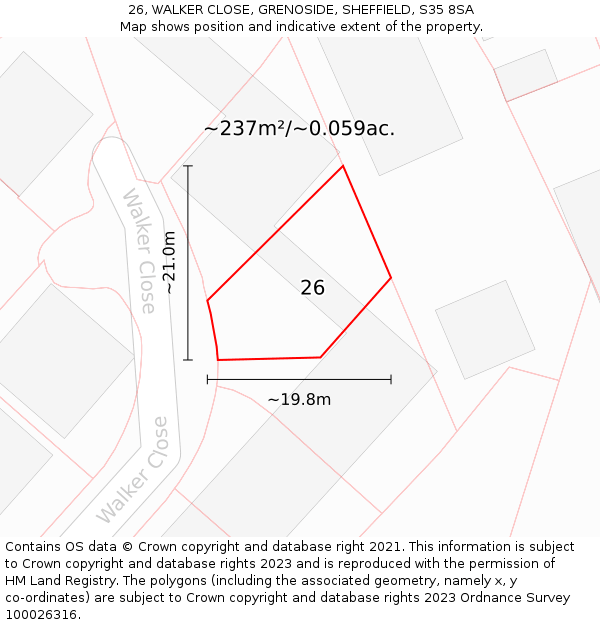 26, WALKER CLOSE, GRENOSIDE, SHEFFIELD, S35 8SA: Plot and title map