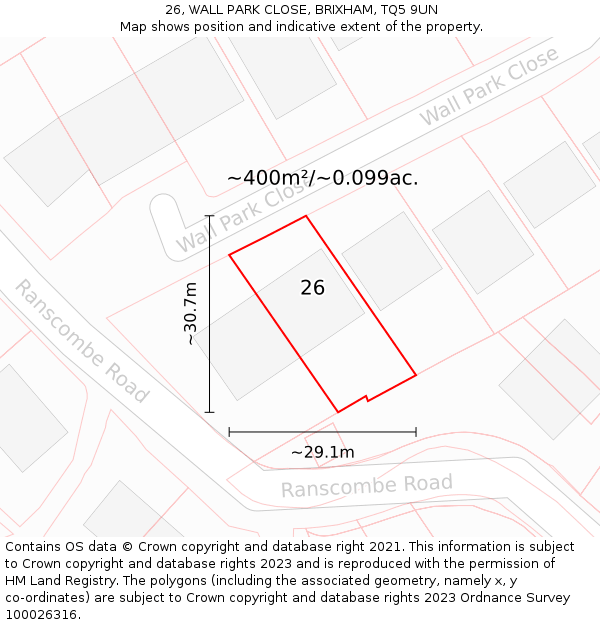 26, WALL PARK CLOSE, BRIXHAM, TQ5 9UN: Plot and title map