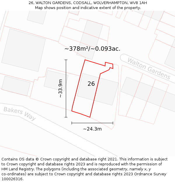 26, WALTON GARDENS, CODSALL, WOLVERHAMPTON, WV8 1AH: Plot and title map