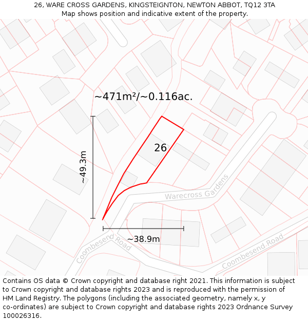26, WARE CROSS GARDENS, KINGSTEIGNTON, NEWTON ABBOT, TQ12 3TA: Plot and title map