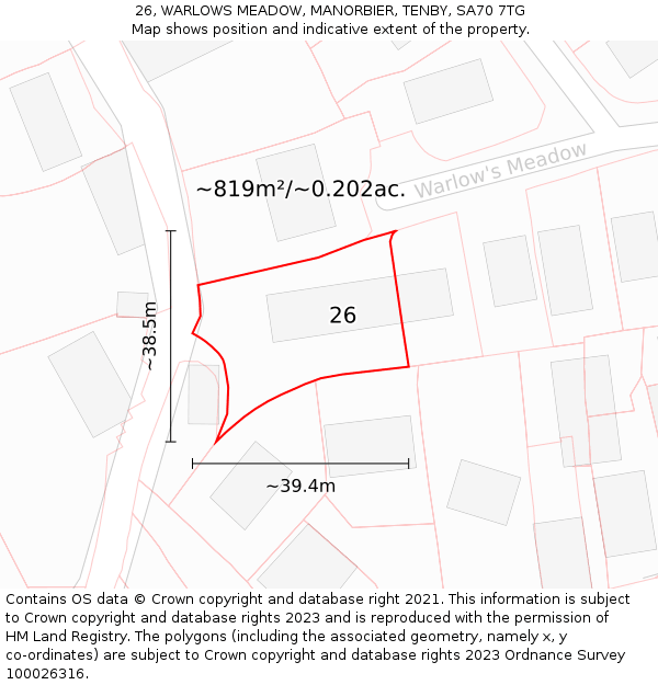 26, WARLOWS MEADOW, MANORBIER, TENBY, SA70 7TG: Plot and title map