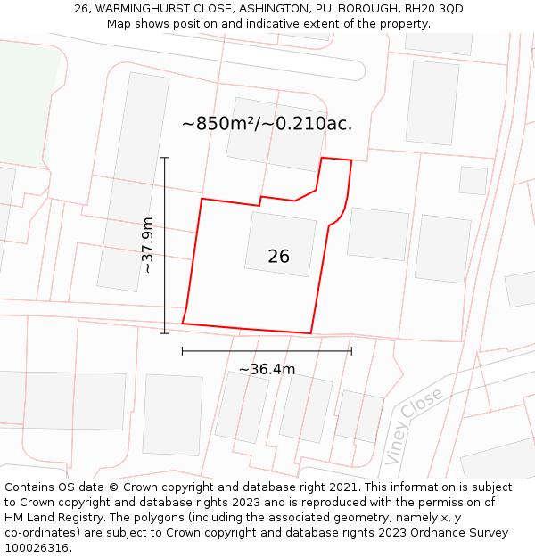 26, WARMINGHURST CLOSE, ASHINGTON, PULBOROUGH, RH20 3QD: Plot and title map