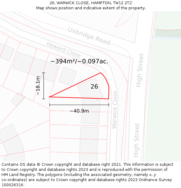 26, WARWICK CLOSE, HAMPTON, TW12 2TZ: Plot and title map