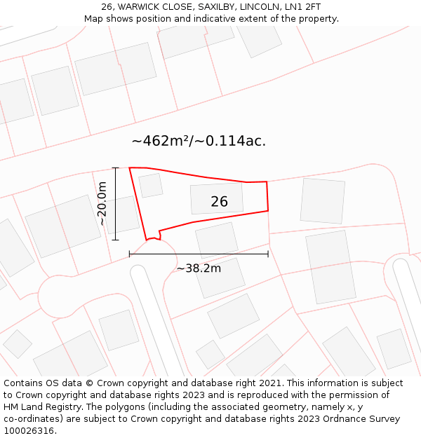 26, WARWICK CLOSE, SAXILBY, LINCOLN, LN1 2FT: Plot and title map