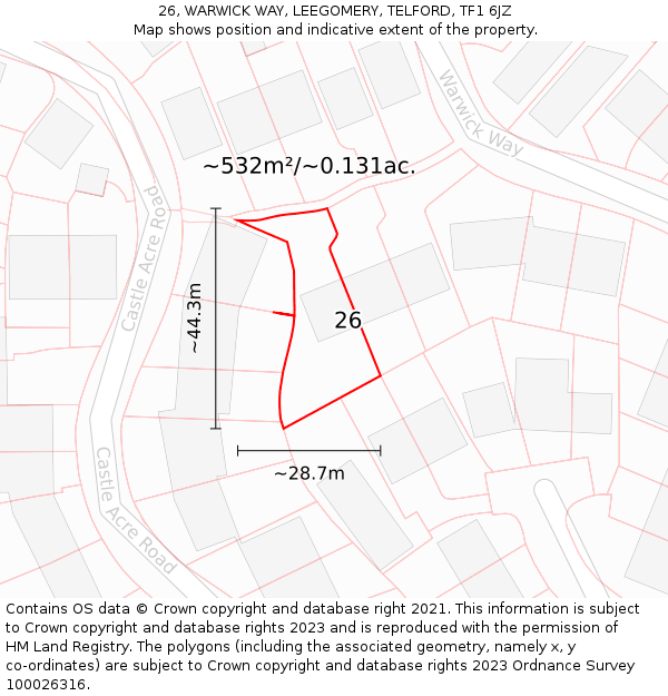 26, WARWICK WAY, LEEGOMERY, TELFORD, TF1 6JZ: Plot and title map