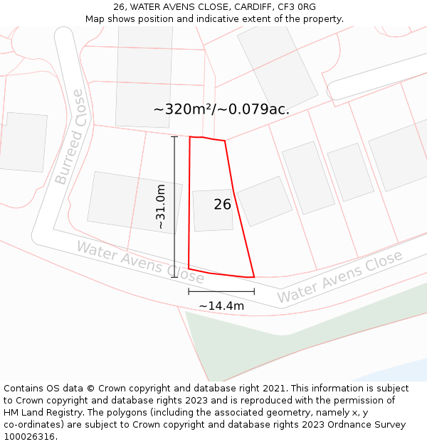 26, WATER AVENS CLOSE, CARDIFF, CF3 0RG: Plot and title map