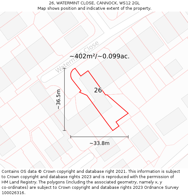 26, WATERMINT CLOSE, CANNOCK, WS12 2GL: Plot and title map