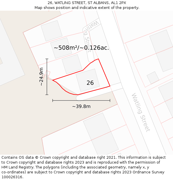 26, WATLING STREET, ST ALBANS, AL1 2PX: Plot and title map