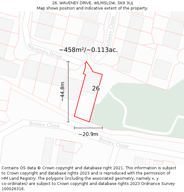 26, WAVENEY DRIVE, WILMSLOW, SK9 3UJ: Plot and title map
