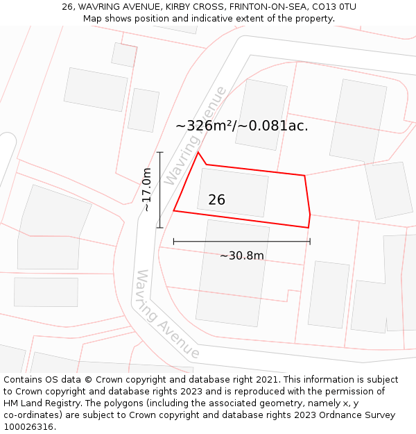 26, WAVRING AVENUE, KIRBY CROSS, FRINTON-ON-SEA, CO13 0TU: Plot and title map