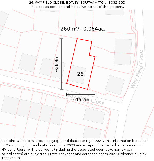 26, WAY FIELD CLOSE, BOTLEY, SOUTHAMPTON, SO32 2GD: Plot and title map