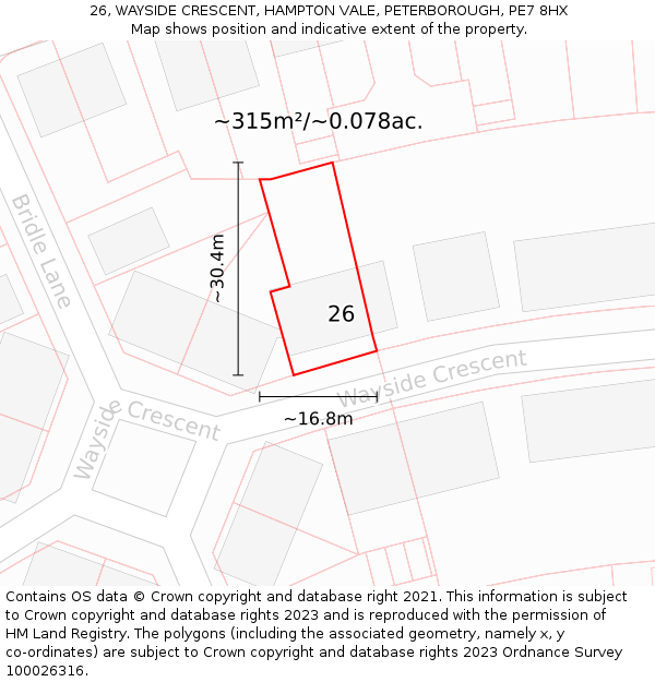 26, WAYSIDE CRESCENT, HAMPTON VALE, PETERBOROUGH, PE7 8HX: Plot and title map