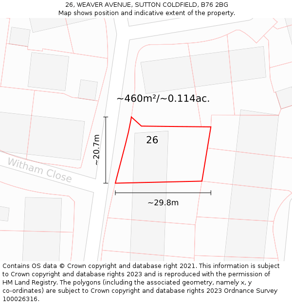 26, WEAVER AVENUE, SUTTON COLDFIELD, B76 2BG: Plot and title map