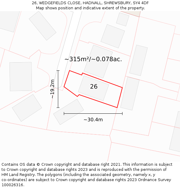 26, WEDGEFIELDS CLOSE, HADNALL, SHREWSBURY, SY4 4DF: Plot and title map