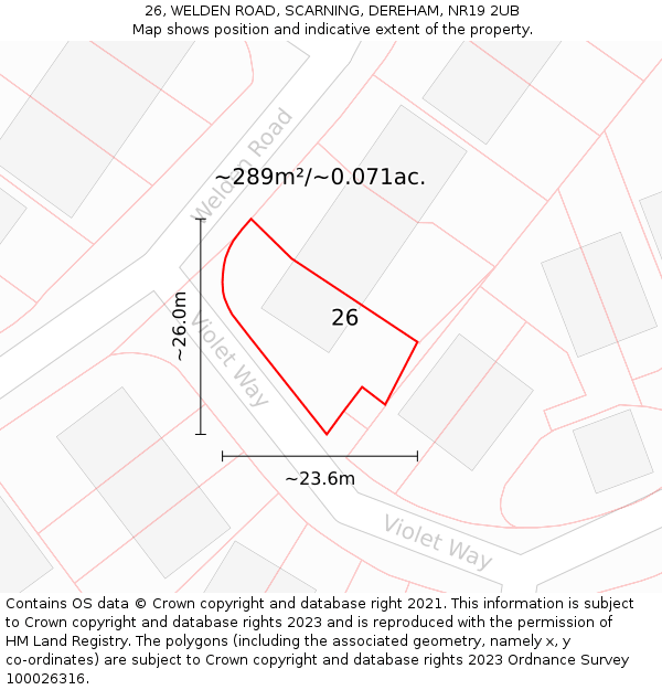 26, WELDEN ROAD, SCARNING, DEREHAM, NR19 2UB: Plot and title map