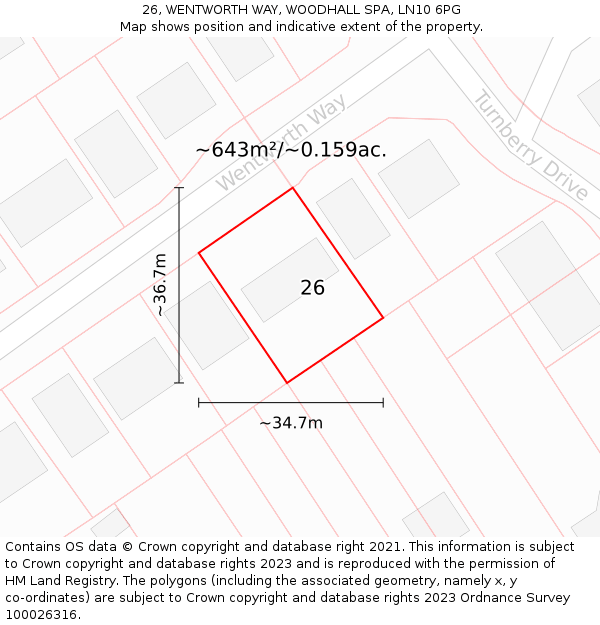 26, WENTWORTH WAY, WOODHALL SPA, LN10 6PG: Plot and title map