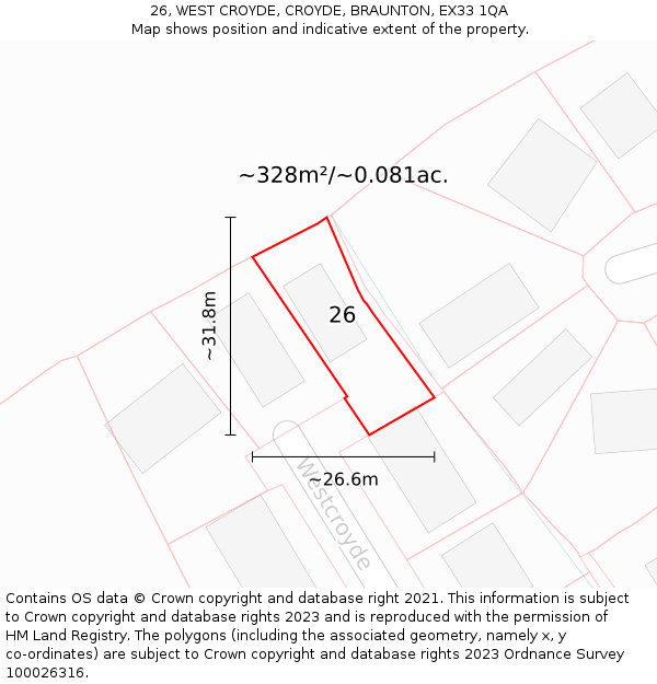 26, WEST CROYDE, CROYDE, BRAUNTON, EX33 1QA: Plot and title map